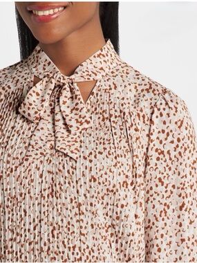 Daniel Rainn Pleated Tie-Neck Blouse — Cream & Brown Spot Print